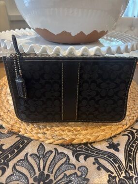 Coach Black Signature Canvas Wristlet with Leather Center Panel